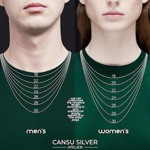 The image is a comparison of two necklaces, one for men and one for women, with measurements and corresponding necklace sizes.
