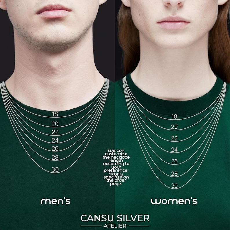 The image is a comparison of two necklaces, one for men and one for women, with measurements and corresponding necklace sizes.