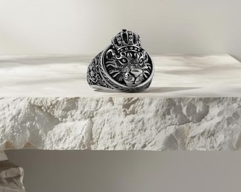 Gekrönter Tiger Ring, Oxidiertes 925 Sterling Silber, Biker Schmuck