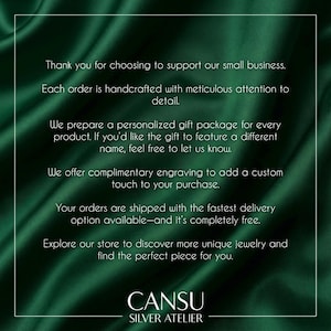 a message from a small business, CANSU SILVER ATLIER, that expresses gratitude for customers' support and offers a personalized gift package for each order. The message emphasizes the importance of handcrafting each order with attention to detail and provides a complementary engraving option for the purchase. The business also offers fast delivery and a free option, and encourages customers to explore their store to discover unique jewelry and find the perfect piece.