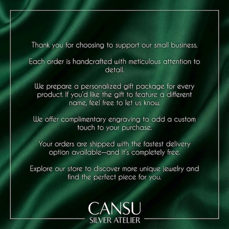 a message from a small business, CANSU SILVER ATLIER, that expresses gratitude for customers' support and offers a personalized gift package for each order. The message emphasizes the importance of handcrafting each order with attention to detail and provides a complementary engraving option for the purchase. The business also offers fast delivery and a free option, and encourages customers to explore their store to discover unique jewelry and find the perfect piece.
