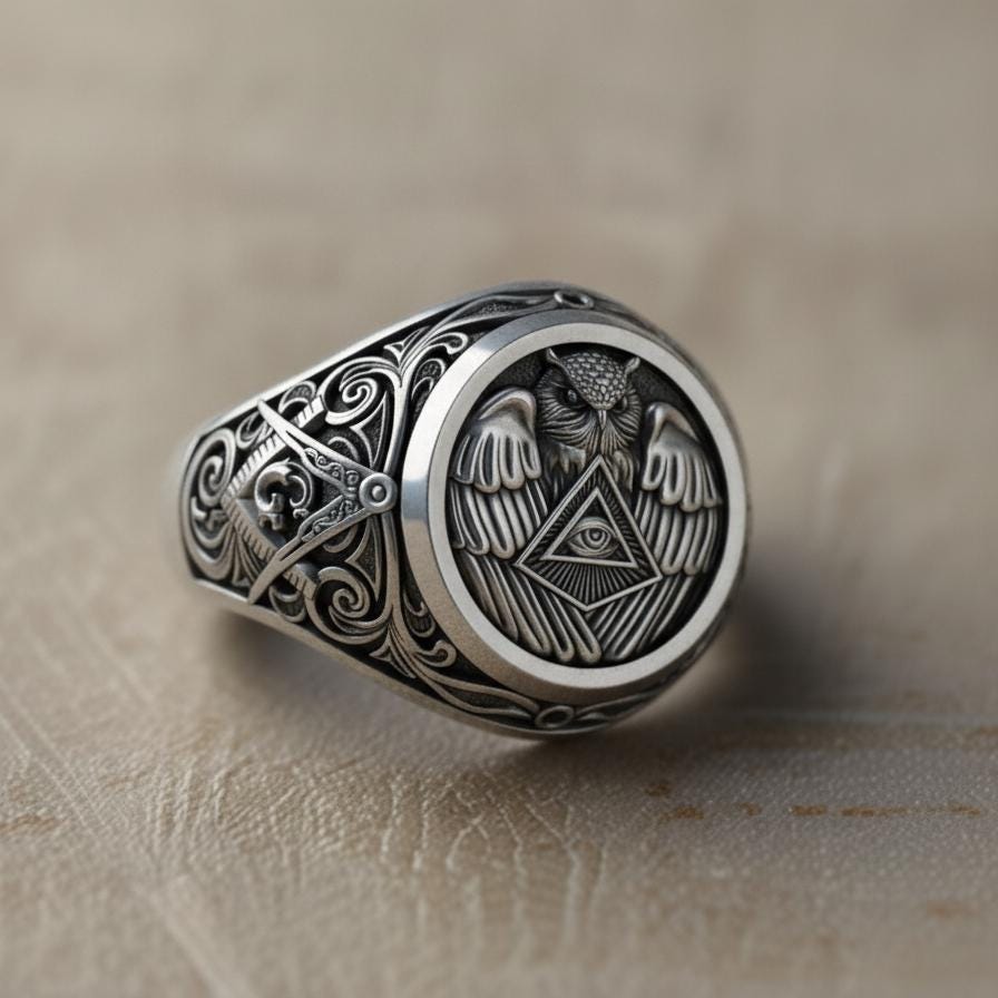Handmade Sterling Silver Owl Ring: Intricate Masonic Design, Custom Sizes
