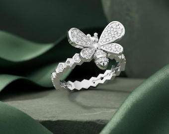 Bienenwabenring aus Sterlingsilber, Kristallflügel ebnen, Naturschmuck