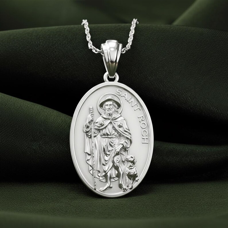 Saint Roch Sterling Silver Oval Medal Pendant, Pilgrim With Dog Jewelry ...
