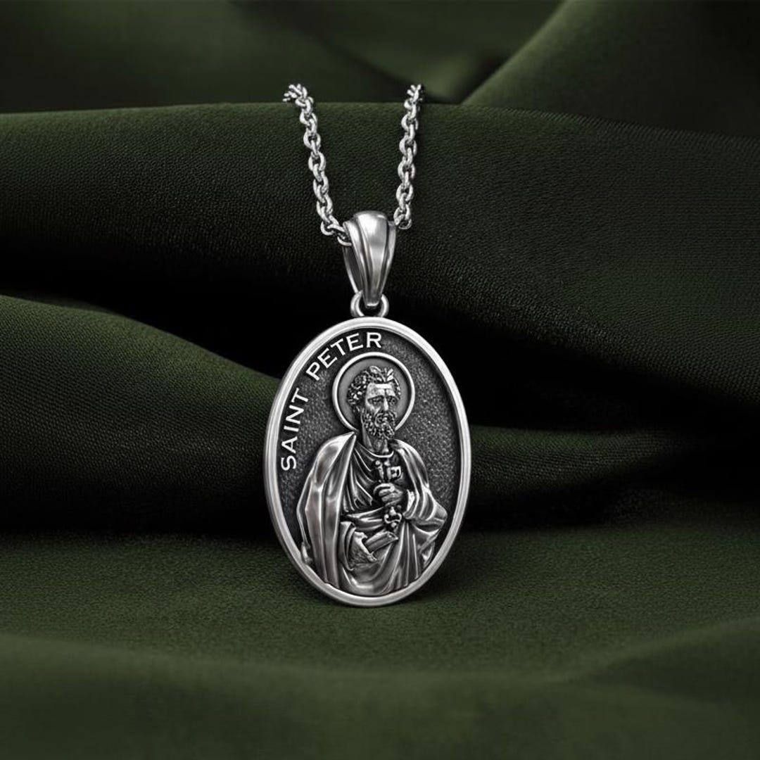 Saint Peter Oval Medal Necklace, Sterling Silver Apostle Keys Pendant ...