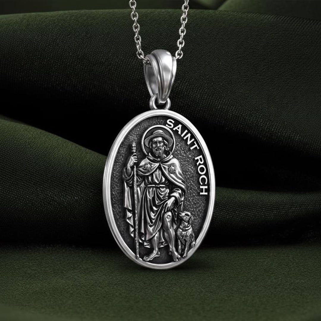 Saint Roch Sterling Silver Oval Medal Pendant, Pilgrim With Dog Jewelry ...