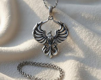 Phoenix Rising Anhänger Halskette 925 Sterling Silber Oxidiert, Feuer Vogel Herren Damen Halskette