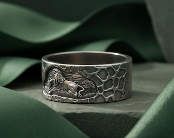 Handgefertigter Sterling Silber Löwe Ring, Giraffe Muster Band, Afrikanischer Safari Schmuck