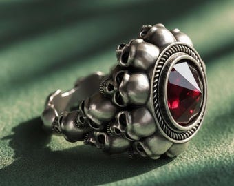 Schädel Cluster Ring Sterling Silber, Roter Granat Gothic Biker Schmuck