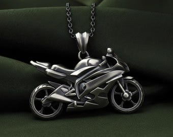 Motorrad Anhänger Halskette 925 Sterling Silber oxidiert, Sport Bike Biker Herren Statement Halskette