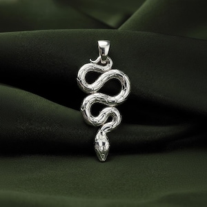 Op de afbeelding: Een zilveren hanger in de vorm van een slang, opgerold in een sierlijk ontwerp. De kop van de slang is driehoekig en het lichaam is gedetailleerd met schubben. De hanger hangt aan een kleine lus aan de bovenkant.