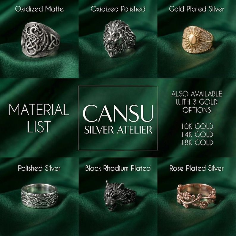 The image is a collage of various silver rings displayed on a green background, showcasing different styles and materials.