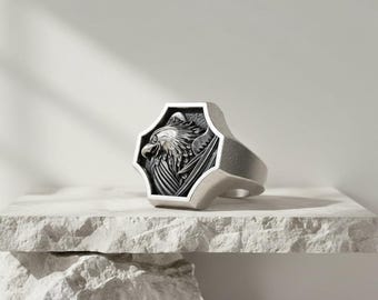 Adlerkopf Siegelring, Schildring für Männer, 925 Sterling Silber Adler Porträt Ring, Bird of Prey Herrenring, Schmuck Schmuck Geschenk