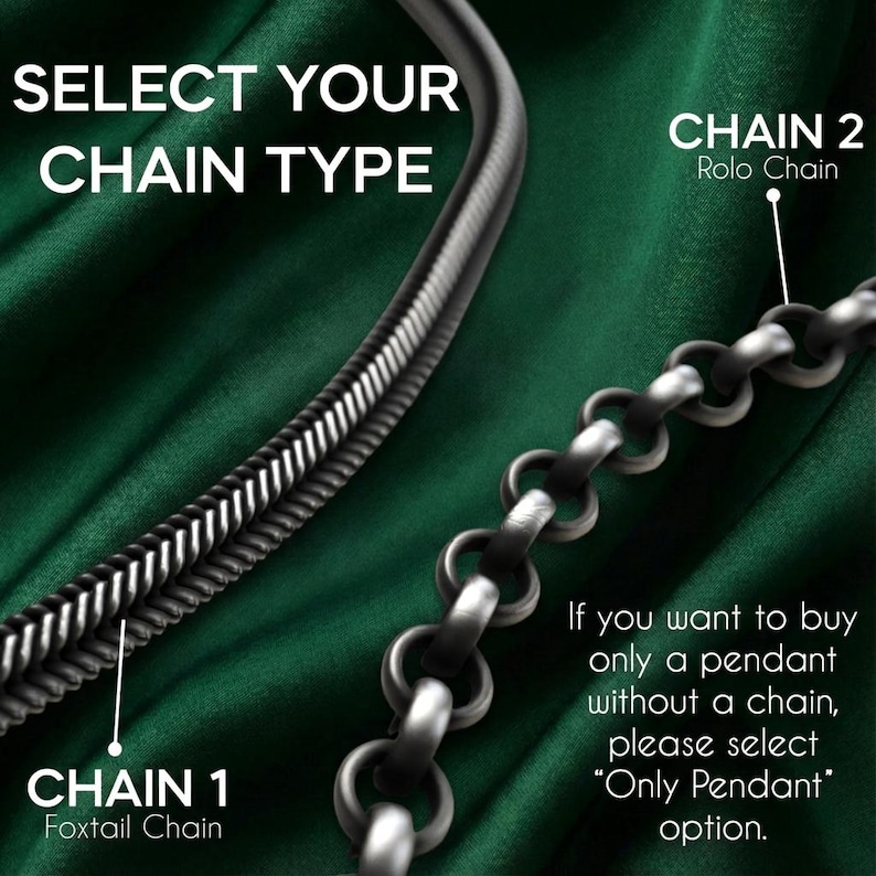 The image is a close-up of a chain with a green background, featuring a pendant chain and a pendant chain without a chain.