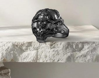 Samurai Siegelring: Gothic Krieger, oxidiertes Sterling Silber