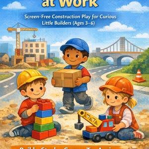 Könnte beinhalten: Bunte Illustration von Kindern, die mit Konstruktionsspielzeug spielen. Das Bild zeigt den Text "Little Builders at Work" und "Build • Stack • Carry • Try Again". Die Kinder tragen Bauhelme und spielen mit Blöcken und einem Spielzeugkran.
