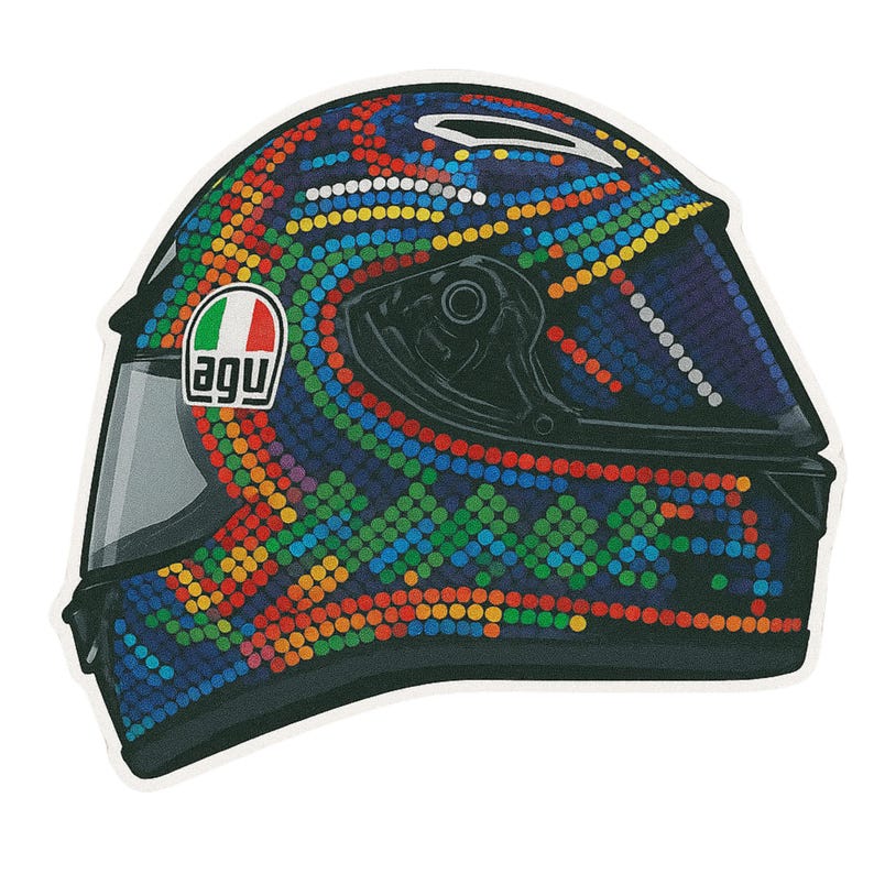 May include: A motorcycle helmet featuring a vibrant dot pattern in blue, green, yellow, orange, and red. The helmet has a black visor and the AGV logo with the Italian flag. The design covers the entire helmet surface.