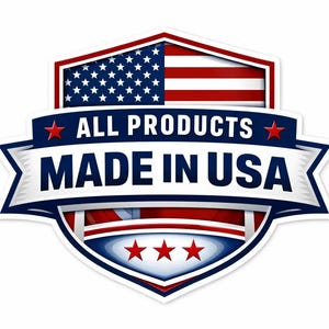 May include: A shield-shaped emblem with the text "ALL PRODUCTS MADE IN USA." The design incorporates the American flag, with stars and stripes, and is outlined in red, white, and blue.