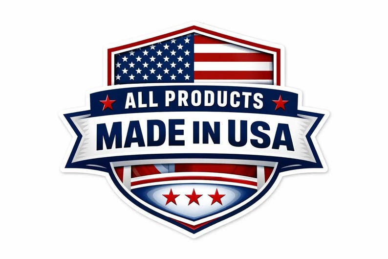 May include: A shield-shaped emblem with the text "ALL PRODUCTS MADE IN USA." The design incorporates the American flag, with stars and stripes, and is outlined in red, white, and blue.