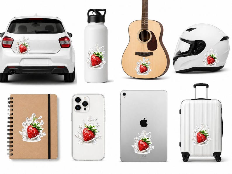 May include: A collection of stickers featuring a vibrant red strawberry with green leaves and white splash details. The stickers are applied to various items, including a car, water bottle, guitar, helmet, notebook, phone, tablet, and suitcase.