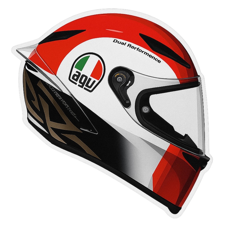 May include: A motorcycle helmet with a red, white, and black color scheme. The helmet features the AGV logo and the text "Dual Performance". The visor is clear. The design includes a gold and brown accent.