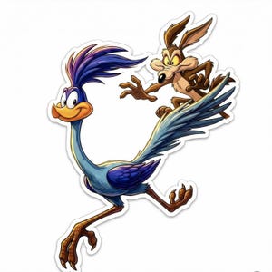 May include: A sticker featuring the Road Runner, a blue bird with a purple crest, running with the Wile E. Coyote in pursuit. The coyote is brown and appears to be chasing the Road Runner. The sticker has a white border.