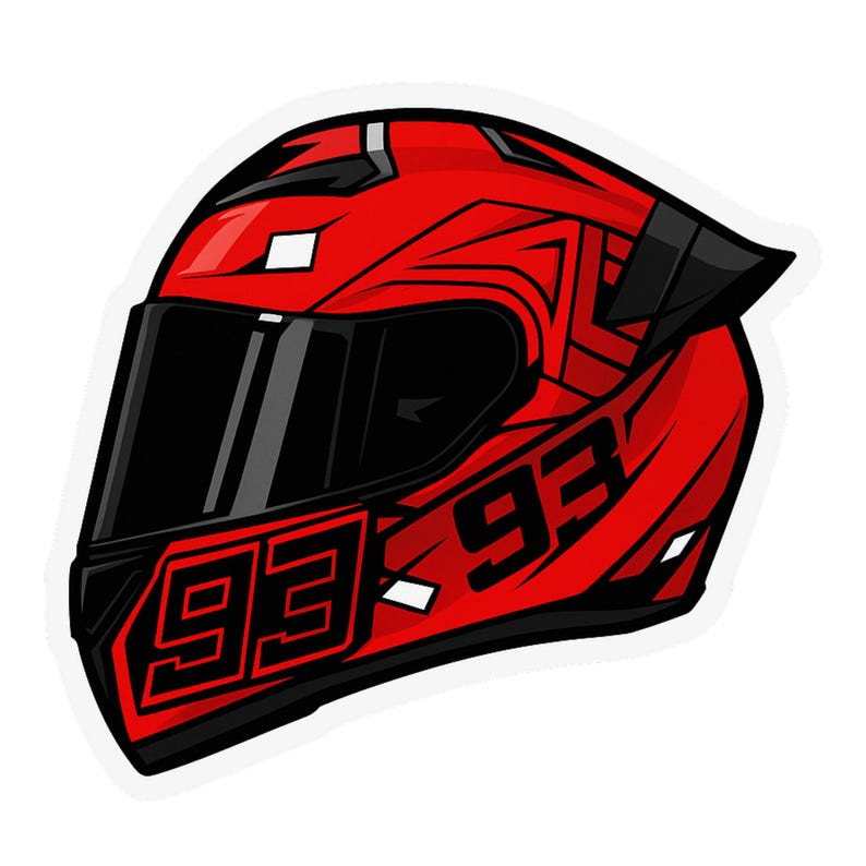 May include: A red motorcycle helmet with a black visor and the number "93" in black on the front. The helmet has black accents and a sleek, aerodynamic design, suitable for motorsports.