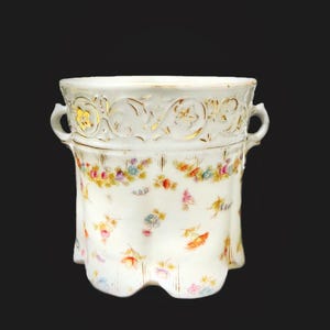 Antique German Bavarian Porcelain Cache Pot Planter Vase Floral Hand Painted Flowers