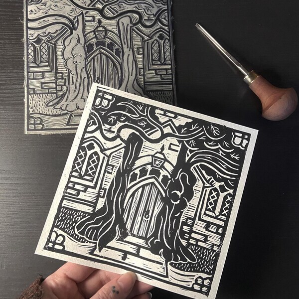 Doors of Durin Lino Print | Cotswolds Church, Yew Trees, Whimsical Folk Art