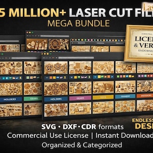 May include: A digital mega bundle of laser cut files, featuring over 5 million designs. The image displays several computer screens showcasing various laser cut designs, such as toys, gears, and holders. The image also includes the text "Licensed & Verified" and "Endless Designs."