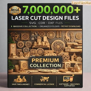 May include: A black box with the text "7,000,000+ LASER CUT DESIGN FILES" and "PREMIUM COLLECTION". The box displays various wooden laser cut designs, including gears, buildings, and decorative shapes. The bottom of the box has icons and text.