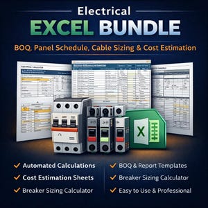 May include: An image promoting an electrical Excel bundle. The image features circuit breakers, spreadsheets, and an Excel logo. Text includes "Electrical Excel Bundle" and bullet points listing features like automated calculations and cost estimation sheets.