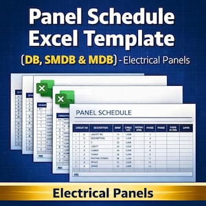 Peut inclure: Un modèle Excel de planning de tableau électrique pour DB, SMDB et MDB. L'image montre plusieurs feuilles de calcul empilées avec des colonnes pour le numéro de circuit, la description, le disjoncteur, le câble, la puissance, la phase et la charge.
