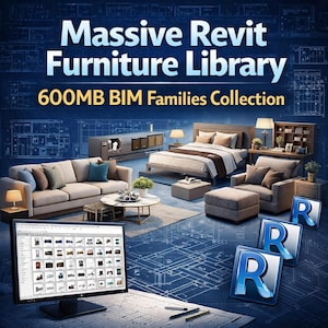 Może przedstawiać: Cyfrowy wyświetlacz Massive Revit Furniture Library 600MB BIM Families Collection z monitorem komputerowym pokazującym siatkę ikon mebli, sofę, łóżko, fotel i pufę na tle niebieskiego planu architektonicznego z naniesionymi wymiarami.