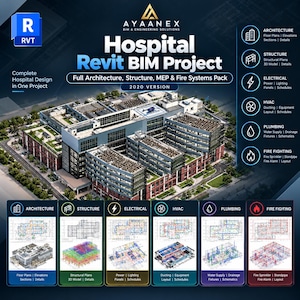 Progetto BIM Revit per ospedale / Pacchetto completo di architettura, struttura, impianti MEP e antincendio. [Versione 2020]