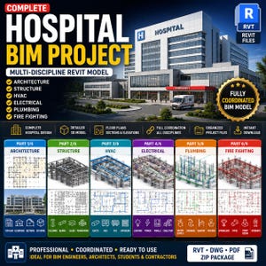 May include: A digital graphic for a complete hospital BIM project featuring a large hospital building, a list of disciplines including architecture, structure, HVAC, electrical, plumbing, and fire fighting, and six detailed panels showing Revit model components.