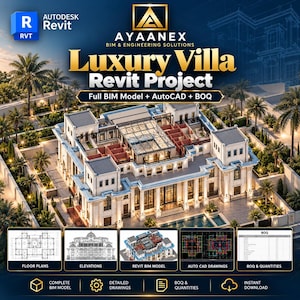 May include: A digital architectural presentation featuring a luxury villa Revit project by Ayaanex. The image displays a 3D model of a multi-story villa with a glass roof, surrounding palm trees, and five inset panels showing floor plans, elevations, a BIM model, AutoCAD drawings, and a BOQ table.