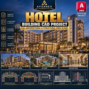 Può includere: Un file di progetto architettonico digitale per un edificio alberghiero, con il testo AYAANEX BIM & ENGINEERING SOLUTIONS, HOTEL BUILDING CAD PROJECT e DWG AUTOCAD PROJECT. Include viste prospettiche 3D, planimetrie e disegni strutturali.