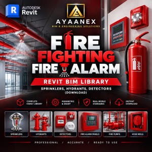 May include: A digital advertisement for Autodesk Revit BIM library featuring fire fighting and fire alarm equipment. The graphic displays a red fire extinguisher, a fire alarm panel, a sprinkler system, and text including AYAANEX.
