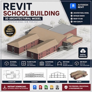May include: A digital 3D architectural model of a school building in Revit format. The graphic displays the building exterior, floor plans, elevations, and sections. Text includes REVIT SCHOOL BUILDING, 3D ARCHITECTURAL MODEL, and PROFESSIONAL BIM PROJECT, with icons for digital download and file formats.