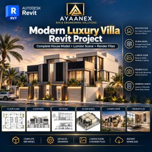 Op de afbeelding: Een digitale advertentie voor een Modern Luxury Villa Revit Project door Ayaanex BIM & Engineering Solutions. Het bevat een rendering van een huis, plattegronden, gevels, doorsneden, een 3D BIM-model en Lumion-scènebestanden.