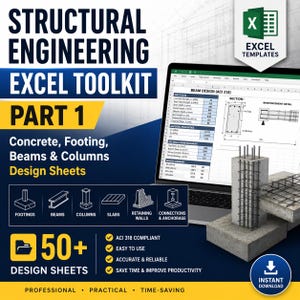 May include: An advertisement for a structural engineering Excel toolkit, featuring a laptop displaying an Excel spreadsheet. The image includes diagrams of concrete structures. Text reads "Structural Engineering Excel Toolkit Part 1" and "50+ Design Sheets."