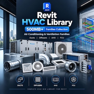 Puede incluir: Una colección digital de archivos de biblioteca Revit HVAC con componentes de aire acondicionado y ventilación, incluyendo conductos, difusores, unidades AHU y FCU. La imagen muestra el texto Revit HVAC Library 500MB+ Families Collection.