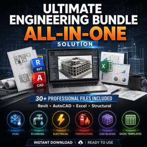 May include: An advertisement for an engineering bundle. The image shows a laptop displaying a 3D building model, blueprints, and Excel charts. Text includes "ULTIMATE ENGINEERING BUNDLE ALL-IN-ONE SOLUTION" and icons for HVAC, plumbing, electrical, and more.