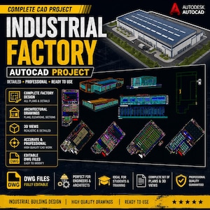 Pode incluir: Um display digital para um projeto de fábrica industrial em AutoCAD, apresentando uma renderização 3D de edifício, vários planos arquitetônicos e desenhos técnicos. O layout inclui etiquetas de texto, ícones e arquivos DWG editáveis.