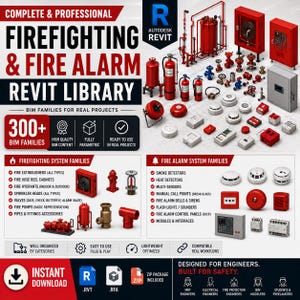 Pode incluir: Uma biblioteca digital com mais de 300 famílias BIM Autodesk Revit para sistemas de combate a incêndio e alarme. A coleção inclui extintores vermelhos, armários de mangueiras, hidrantes, sprinklers, válvulas, tubos, detectores e painéis.