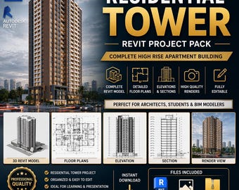 Revit-projekt för bostadstorn | Modell för höghus med flerbostadshus + planritningar BIM-paket