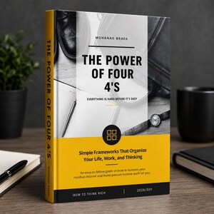 Puede incluir: Un libro de tapa dura titulado The Power of Four 4's de Mohanad Braek con una cubierta amarilla y negra. La portada presenta una imagen en blanco y negro de un escritorio con un zapato, bolso, reloj y bolígrafo. El subtítulo dice Simple Frameworks That Organize Your Life, Work, and Thinking.