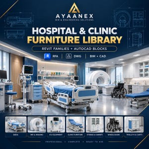 May include: A digital library of hospital and clinic furniture featuring Revit families and AutoCAD blocks. The graphic displays a medical room with a hospital bed, MRI scanner, wheelchair, and storage units, labeled with AYAANEX BIM & ENGINEERING SOLUTIONS.