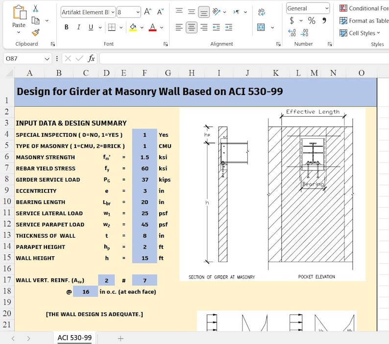 May include: A spreadsheet titled Design for Girder at Masonry Wall Based on ACI 530-99, displaying input data including masonry strength of 1.5 ksi, rebar yield stress of 60 ksi, and wall height of 15 ft, alongside technical diagrams of a girder section.